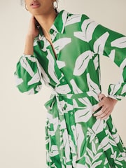 Khaki Green and White Leaf Print Mini Belted Shirt Dress - Image 3 of 6