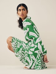 Khaki Green and White Leaf Print Mini Belted Shirt Dress - Image 4 of 6