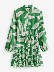 Khaki Green and White Leaf Print Mini Belted Shirt Dress - Image 5 of 6