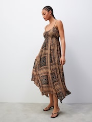 Brown/Black Tile Print Tie Front Cami Midi Dress - Image 1 of 7