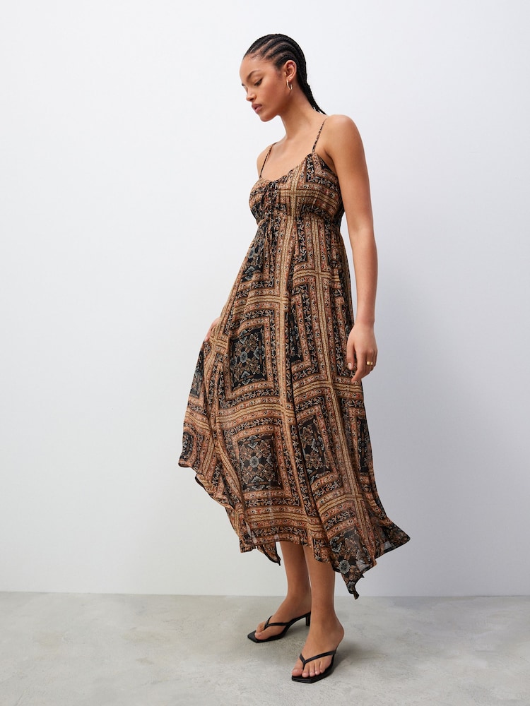 Brown/Black Tile Print Tie Front Cami Midi Dress - Image 1 of 7