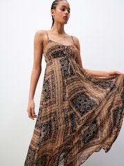 Brown/Black Tile Print Tie Front Cami Midi Dress - Image 2 of 7
