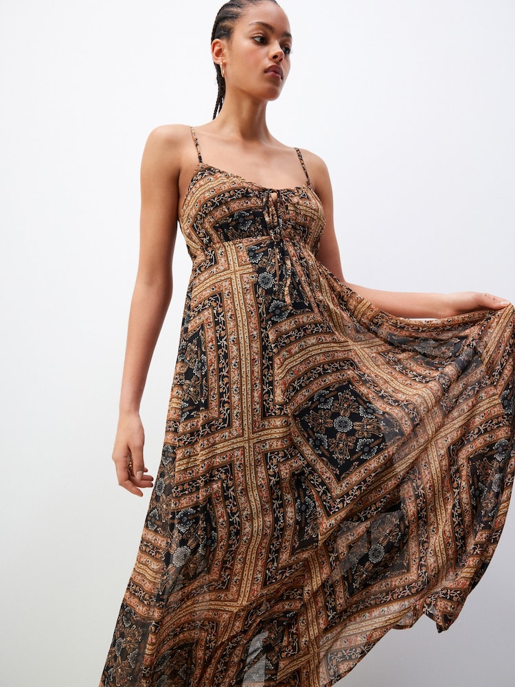 Brown/Black Tile Print Tie Front Cami Midi Dress - Image 2 of 7