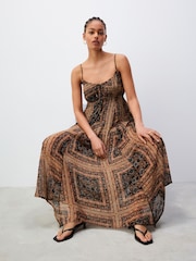 Brown/Black Tile Print Tie Front Cami Midi Dress - Image 3 of 7