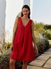 Red Linen Blend V-Neck Summer Mini Dress - Image 1 of 6