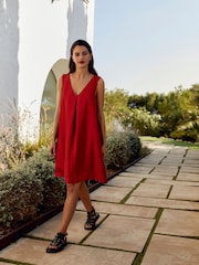 Red Linen Blend V-Neck Summer Mini Dress - Image 2 of 6