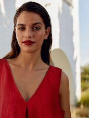 Red Linen Blend V-Neck Summer Mini Dress - Image 4 of 6