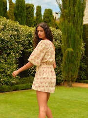 Neutral and Red One Shoulder Embroidered Rope Belted Mini Dress - Image 2 of 5