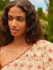 Neutral and Red One Shoulder Embroidered Rope Belted Mini Dress - Image 3 of 5