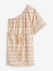 Neutral and Red One Shoulder Embroidered Rope Belted Mini Dress - Image 4 of 5