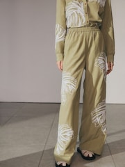 Khaki Green Embroidered Palm Print Trousers - Image 2 of 6