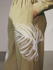 Khaki Green Embroidered Palm Print Trousers - Image 4 of 6
