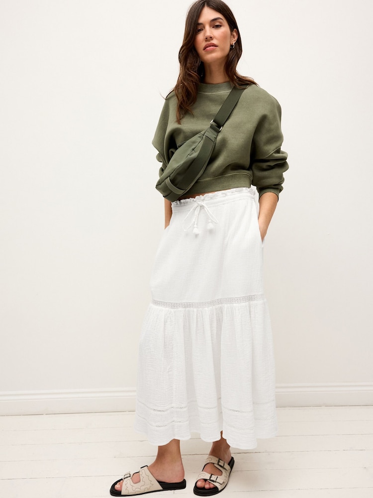White Crochet Insert Tiered Maxi Skirt - Image 1 of 5