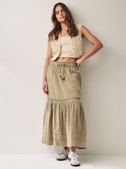 Khaki Green Crochet Insert Tiered Maxi Skirt - Image 1 of 6
