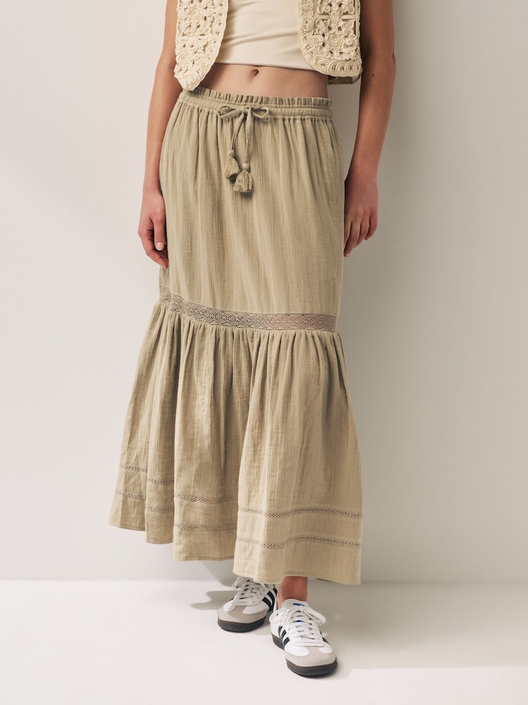 Khaki Green Crochet Insert Tiered Maxi Skirt - Image 2 of 6