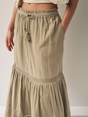 Khaki Green Crochet Insert Tiered Maxi Skirt - Image 4 of 6