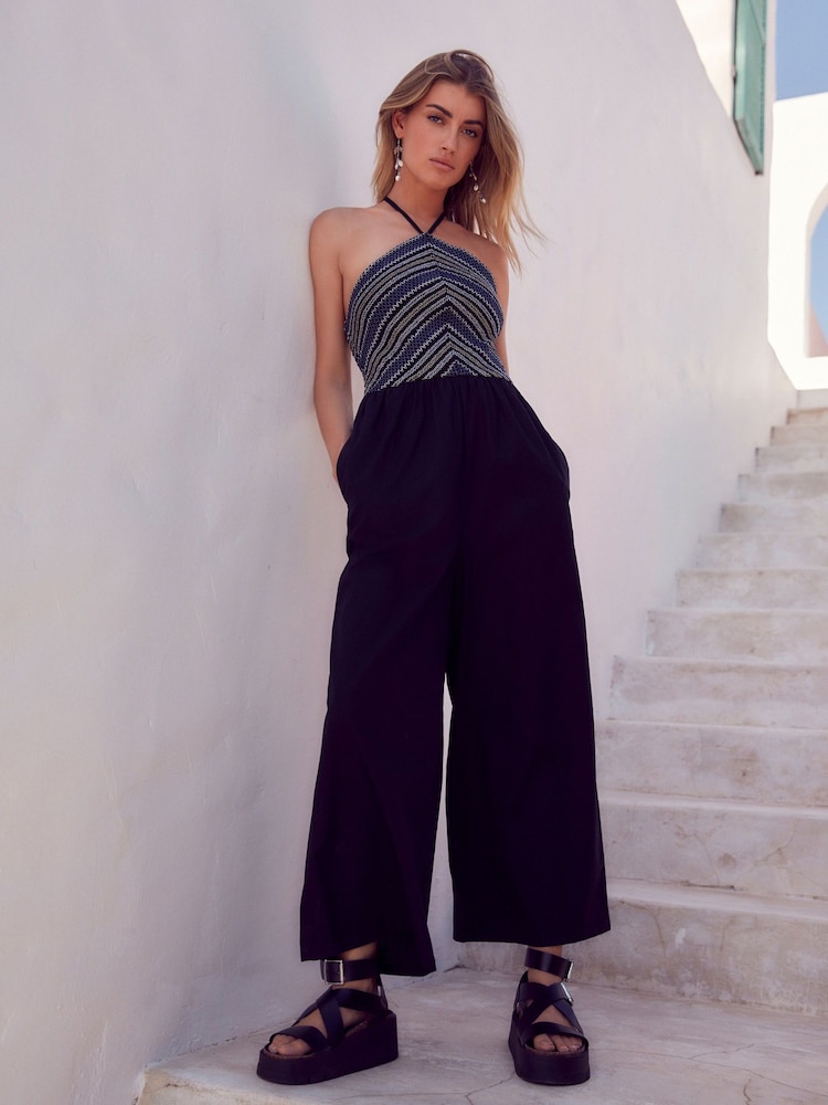 Black/Blue/Yellow Halterneck Shirred Jumpsuit - Image 2 of 6