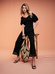 Black Dobby Textured Short Sleeve Jumpsuit - Image 1 of 6