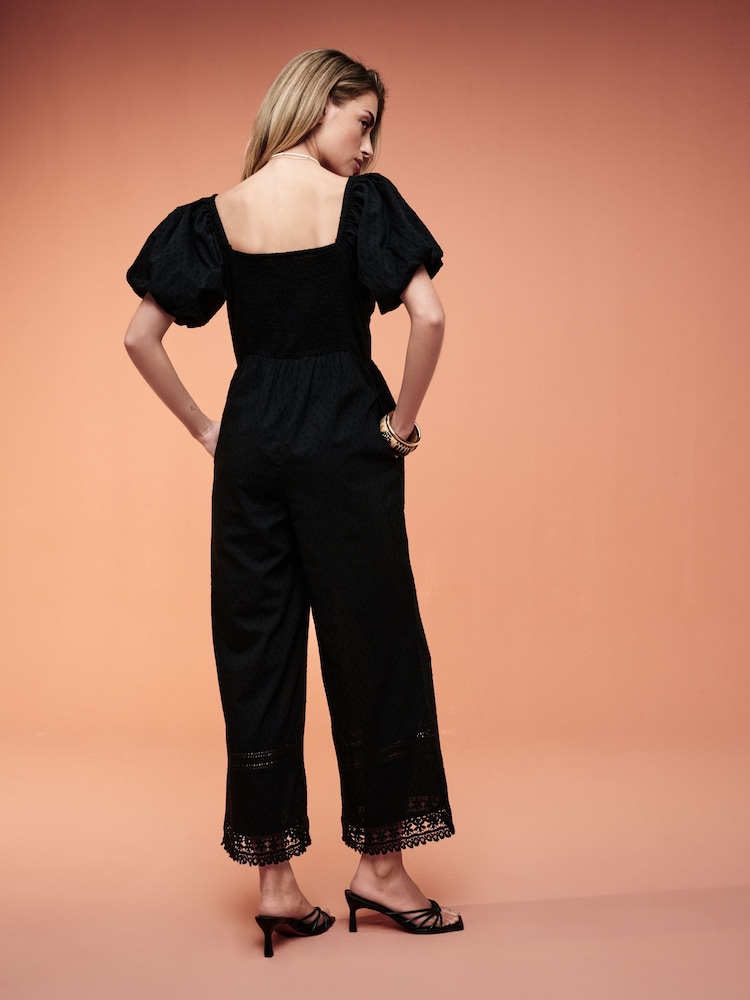 Black Dobby Textured Short Sleeve Jumpsuit - Image 2 of 6