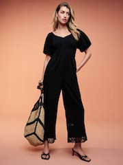 Black Dobby Textured Short Sleeve Jumpsuit - Image 3 of 6