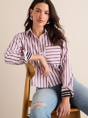 Burgundy Red Stripe Long Sleeve Cotton Cropped Shirt - Image 1 of 6