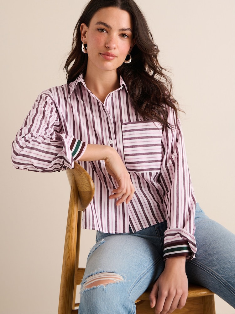 Burgundy Red Stripe Long Sleeve Cotton Cropped Shirt - Image 1 of 6