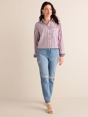 Burgundy Red Stripe Long Sleeve Cotton Cropped Shirt - Image 2 of 6