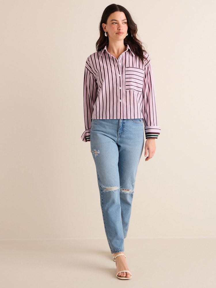 Burgundy Red Stripe Long Sleeve Cotton Cropped Shirt - Image 2 of 6