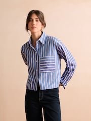 Blue/White Stripe Long Sleeve Cotton Cropped Shirt - Image 1 of 7
