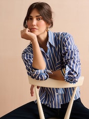 Blue/White Stripe Long Sleeve Cotton Cropped Shirt - Image 3 of 7