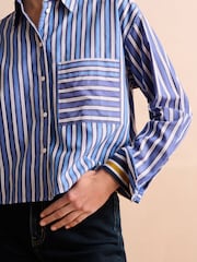 Blue/White Stripe Long Sleeve Cotton Cropped Shirt - Image 5 of 7