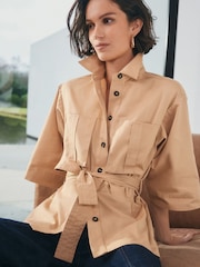 Tan/Brown 3/4 Sleeve Utility Tie Belt Shirt - Image 1 of 7
