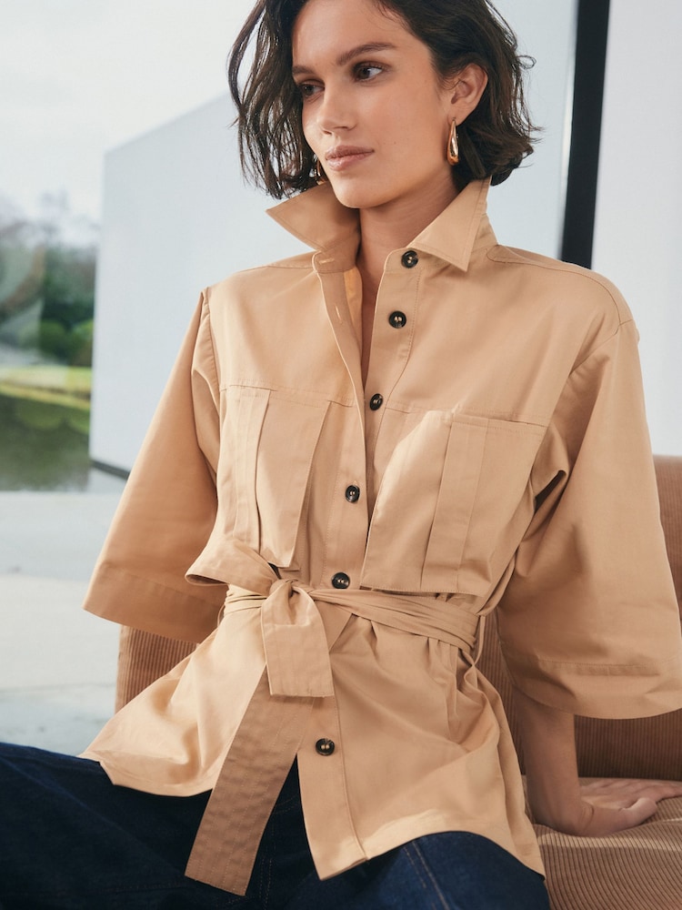 Tan/Brown 3/4 Sleeve Utility Tie Belt Shirt - Image 1 of 7