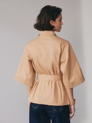 Tan/Brown 3/4 Sleeve Utility Tie Belt Shirt - Image 2 of 7