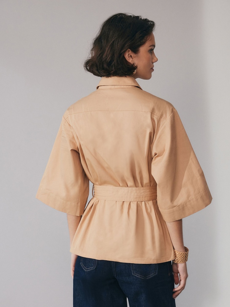 Tan/Brown 3/4 Sleeve Utility Tie Belt Shirt - Image 2 of 7