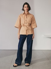 Tan/Brown 3/4 Sleeve Utility Tie Belt Shirt - Image 3 of 7