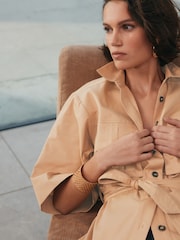 Tan/Brown 3/4 Sleeve Utility Tie Belt Shirt - Image 4 of 7