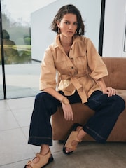 Tan/Brown 3/4 Sleeve Utility Tie Belt Shirt - Image 5 of 7