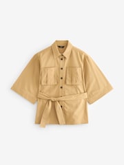 Tan/Brown 3/4 Sleeve Utility Tie Belt Shirt - Image 6 of 7