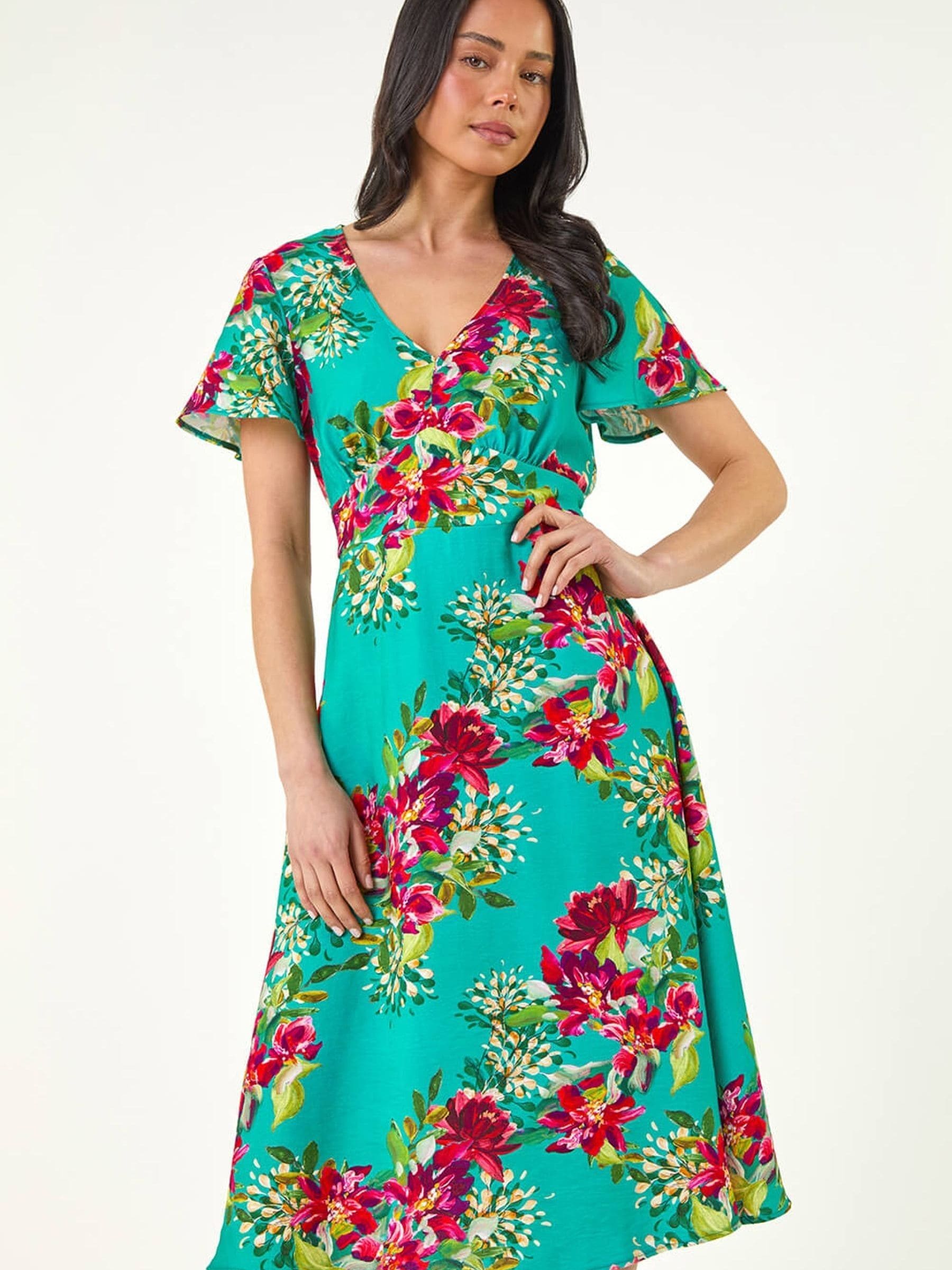 Roman Women's Green Petite Floral V-Neck Midi Dress