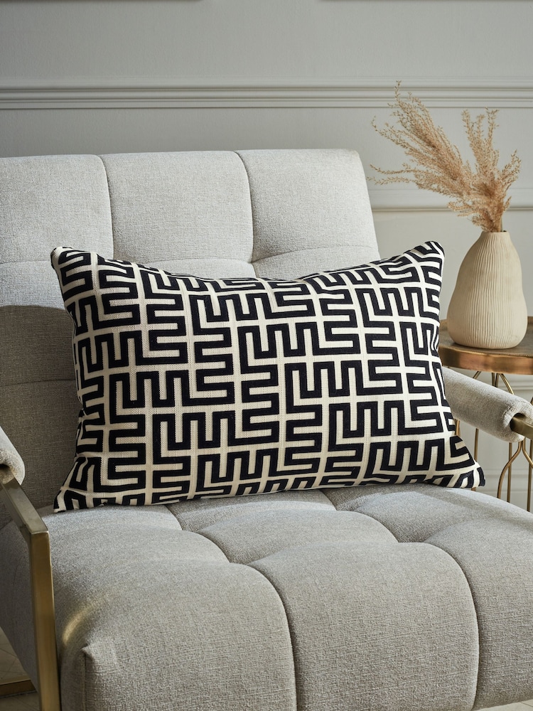 Monochrome 40 x 59cm Geometric Flock Large Oblong Cushion - Image 1 of 4 Monochrome 40 x 59cm Geometric Flock Large Oblong Cushion - Image 1 of 4