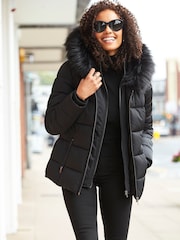 Sosandar Black Faux Fur Trim Luxe Padded Coat - Image 1 of 5