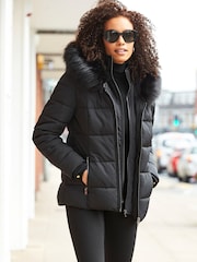Sosandar Black Faux Fur Trim Luxe Padded Coat - Image 2 of 5