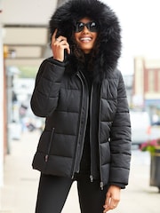 Sosandar Black Faux Fur Trim Luxe Padded Coat - Image 3 of 5