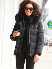 Sosandar Black Faux Fur Trim Luxe Padded Coat - Image 4 of 5