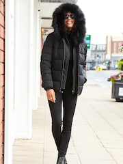 Sosandar Black Faux Fur Trim Luxe Padded Coat - Image 5 of 5