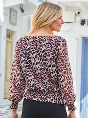 Sosandar Natural Animal Print Shirred Hem Blouse - Image 2 of 5