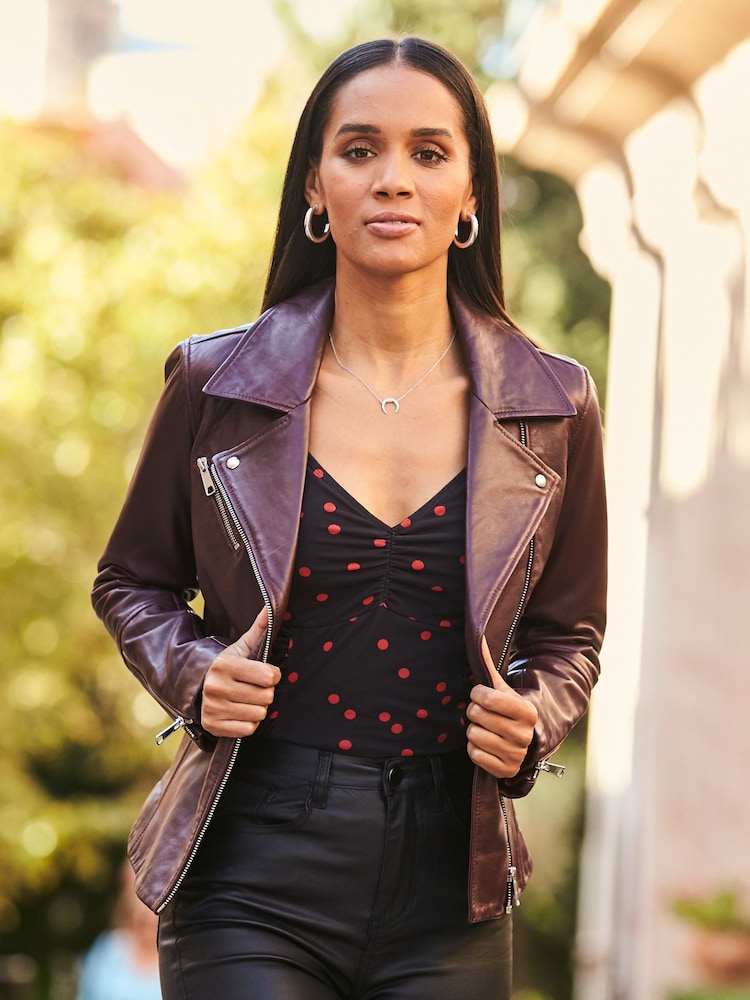Sosandar Burgundy Red Leather Biker Jacket - Image 2 of 4