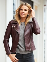 Sosandar Burgundy Red Leather Biker Jacket - Image 3 of 4