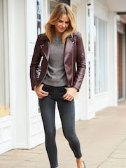 Sosandar Burgundy Red Leather Biker Jacket - Image 4 of 4